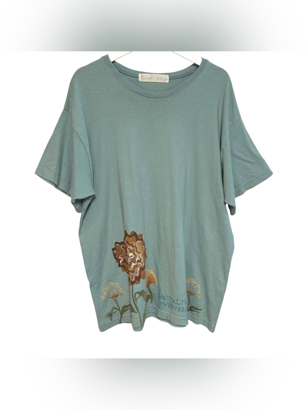 Vintage blue fish 1 floral hand painted tee shirt organic cotton short sleeve